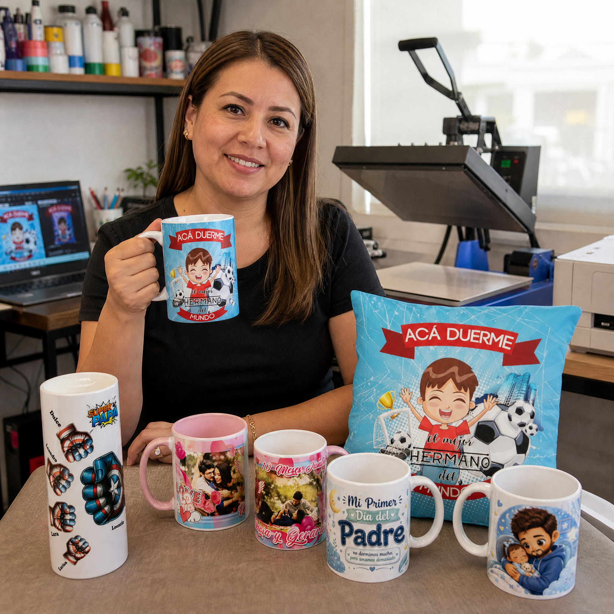 Carolina M. trabajando con sus tazas personalizadas