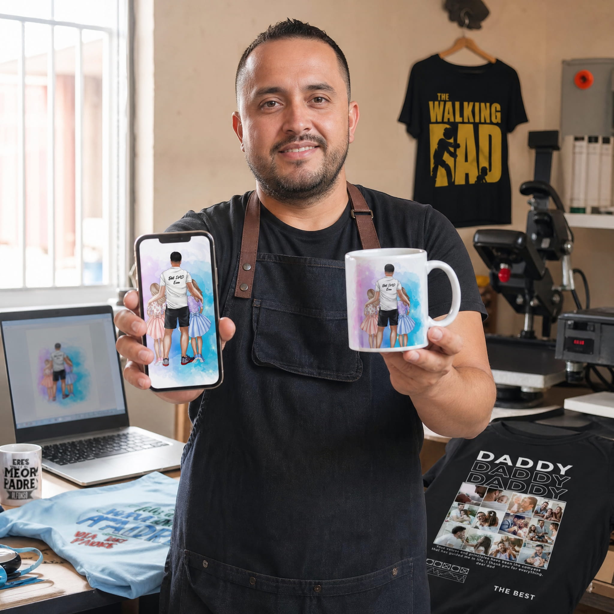 Jorge R. en su taller de estampado mostrando un mockup