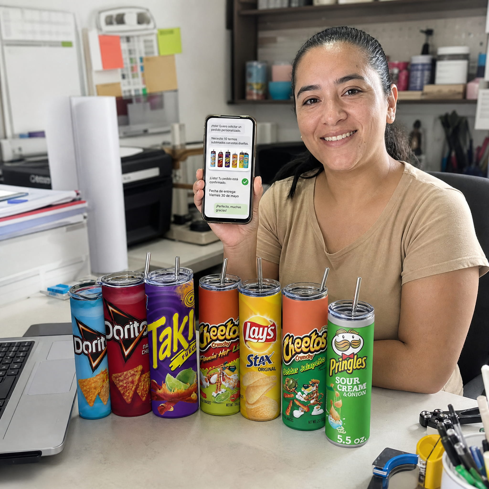 Vanessa L. respondiendo pedidos desde casa con su celular